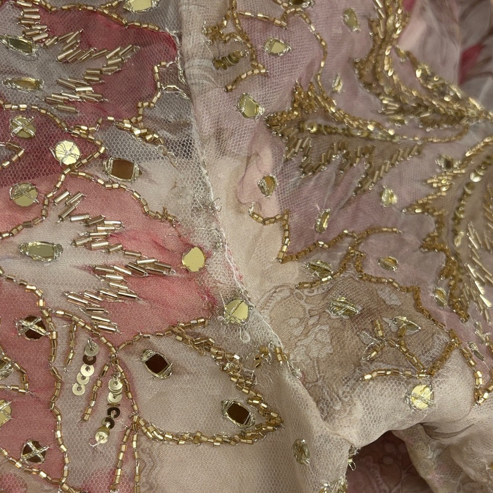 Elegant Pink & Cream Floral Lehenga Choli with Sheer Dupatta - Picture 6 of 10